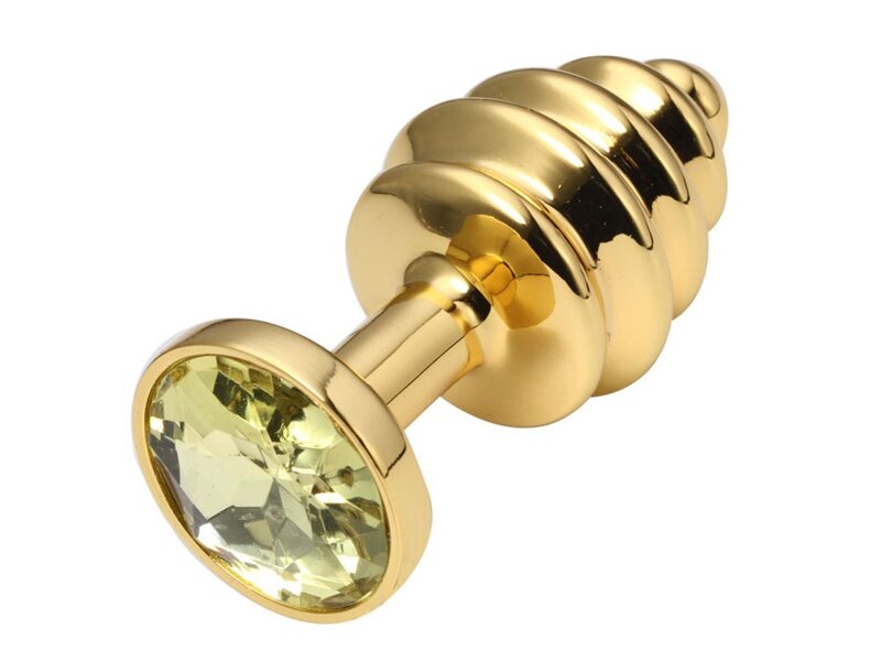 Анальная пробка "Vander" рельеф, металл, желтый кристалл L, Золотой