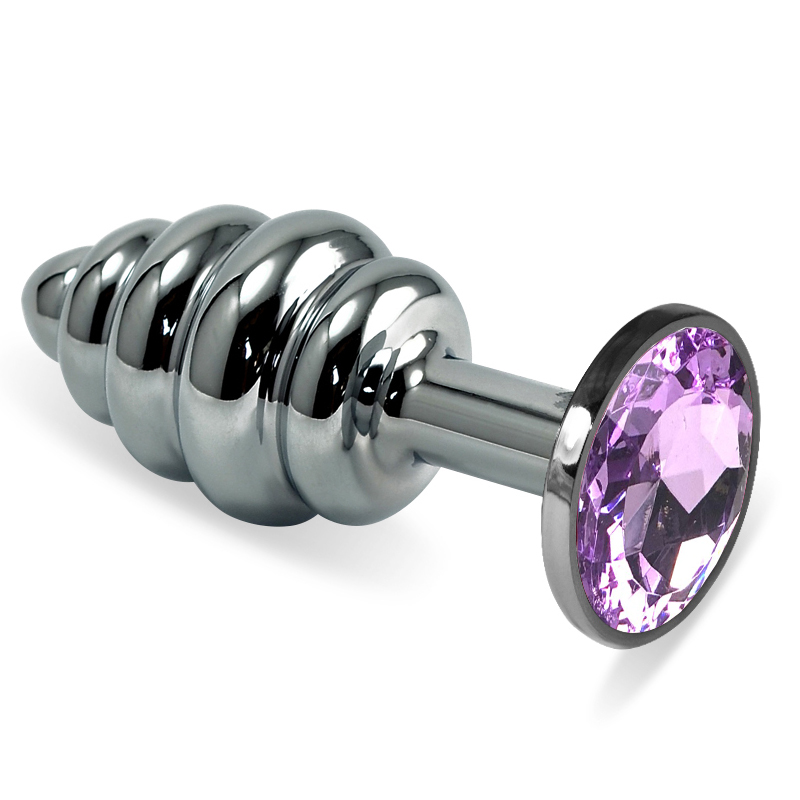 Анальная пробка "Vander" рельеф, металл, сиреневый кристалл L, Серебристый
