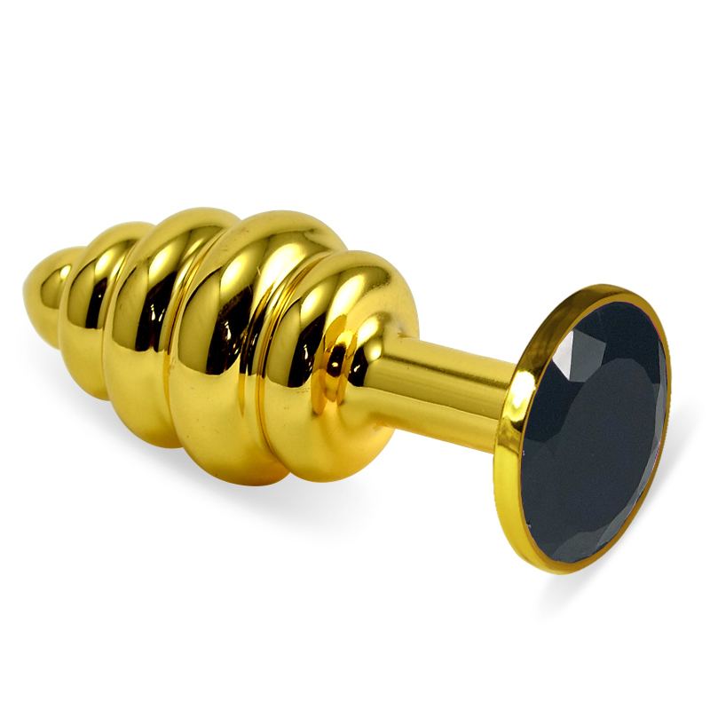 Анальная пробка "Vander" рельеф, металл, черный кристалл M, Золотой