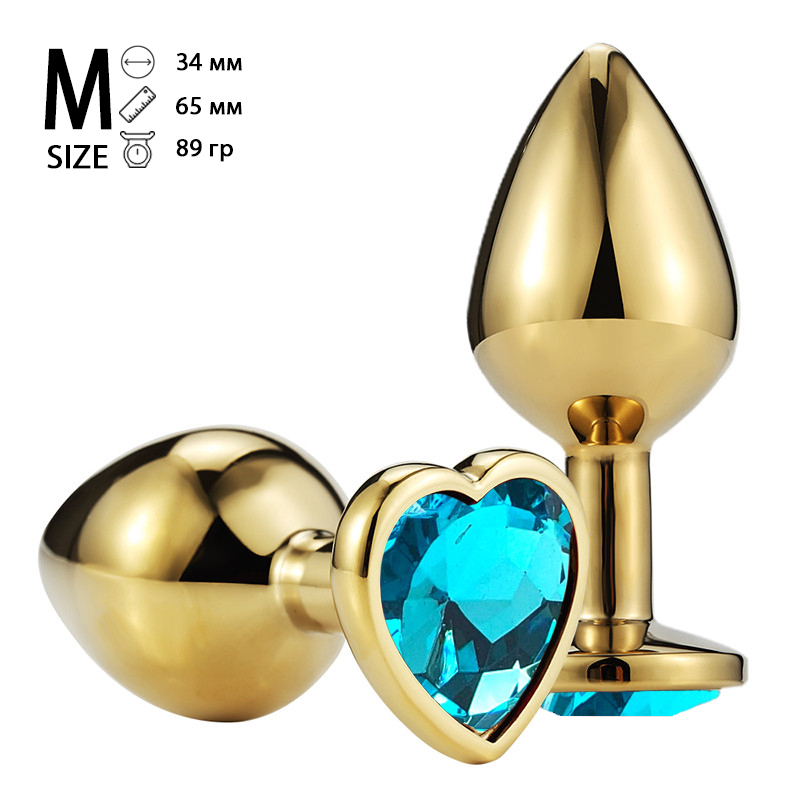Анальная пробка "Vandersex" металл, голубой кристалл, сердце M, Gold