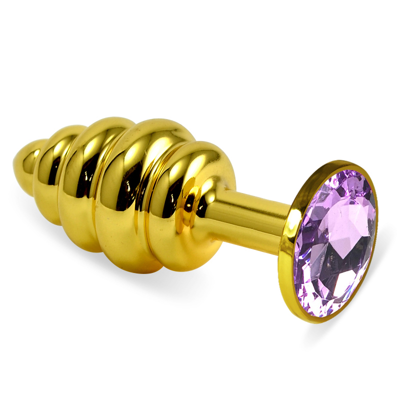 Анальная пробка "Vander" рельеф, металл, сиреневый кристалл S, Золотой