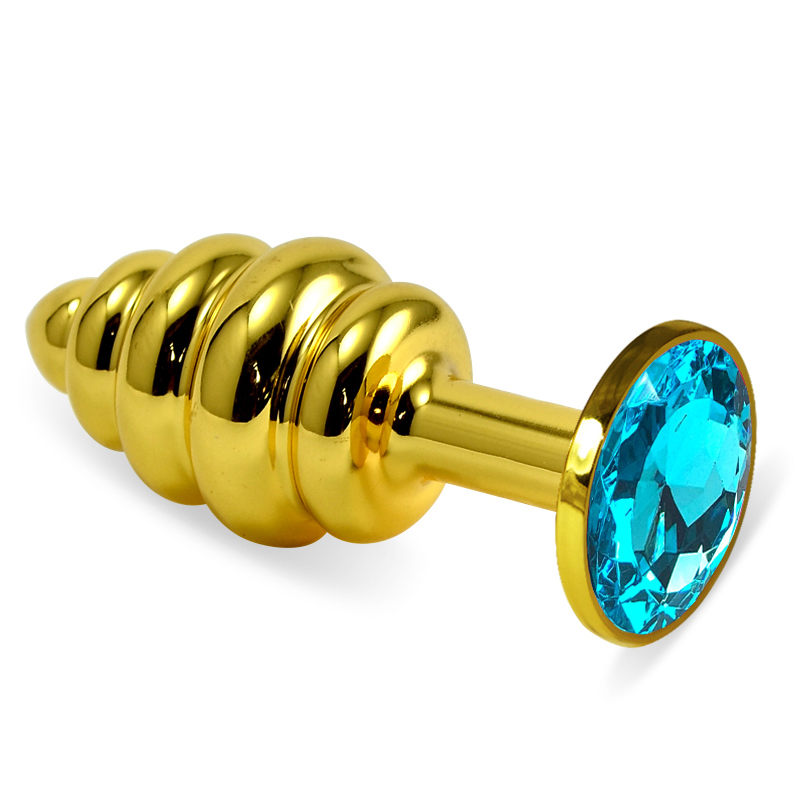Анальная пробка "Vander" рельеф, металл, голубой кристалл S, Золотой